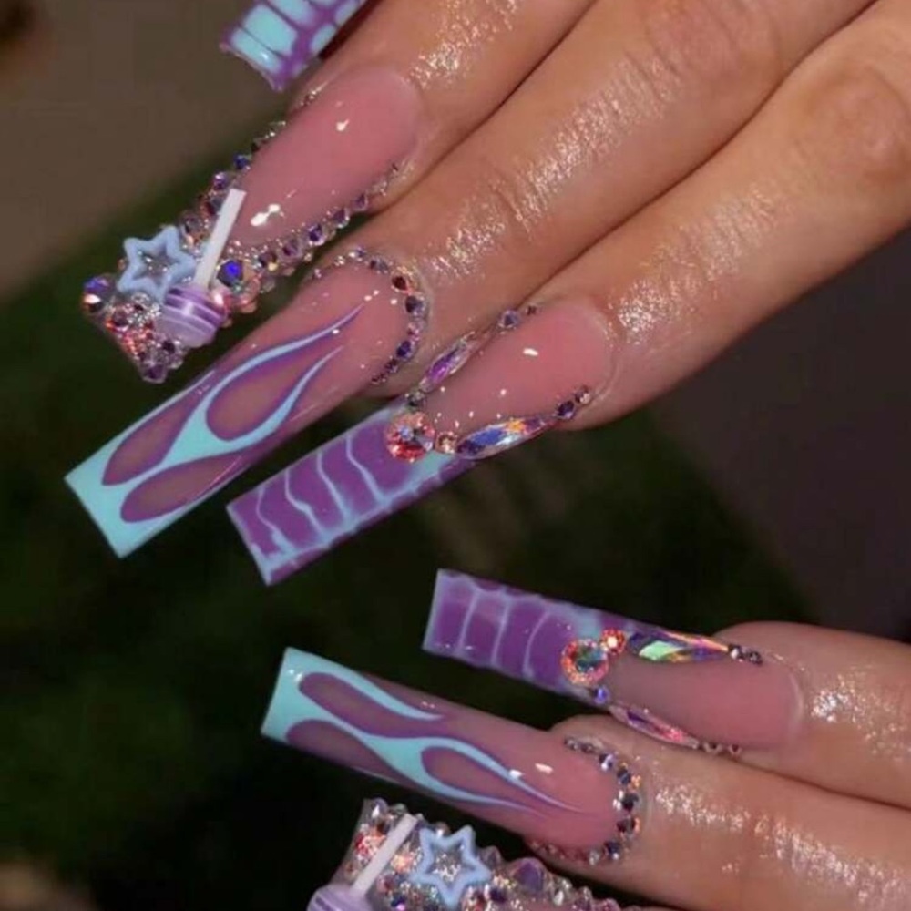 24pcs New Super Long Coffin Nail Art Tips, Fully Decorated With Sparkles,